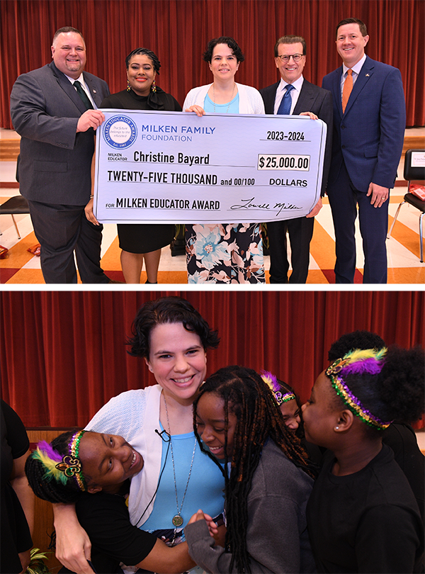 Top Photo: Congratulations, Christine Bayard! The $25,000 cash prize that accompanies the Milken Educator Award is unrestricted — recipients can use the funds however they choose. From left, Iberia Parish School District Superintendent Heath Hulin; Johnston-Hopkins Elementary School Principal Ashley Lewis; recipient Christine Bayard (LA '23); Milken Educator Awards Founder Lowell Milken; and Louisiana Superintendent of Education Dr. Cade Brumley. Bottom Photo: Excited students rush to envelop Milken Award recipient Christine Bayard in a group hug.
