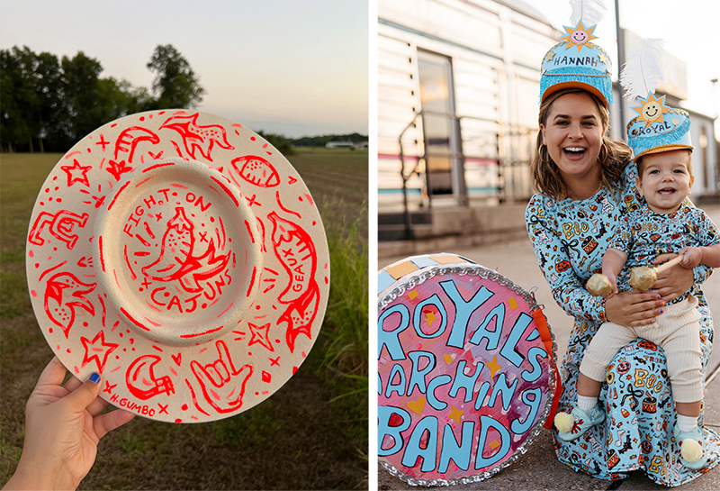 Left: Hannah Gumbo shows off Ragin' Cajuns-inspired hat design. Right: Hannah and her son sport matching Hannah Gumbo designs.