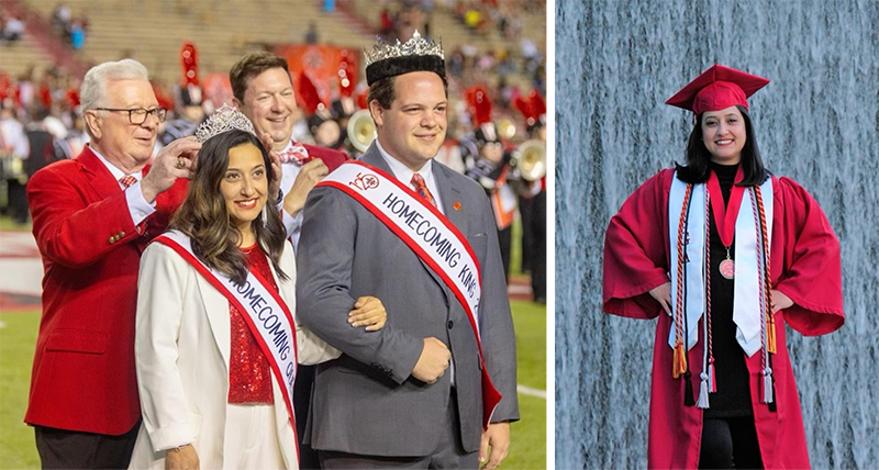 Left: Atif is crowned by Dr. Savoie during halftime at the Homecoming game. Right: Senior photo of Atif after earning her bachelor's degree from UL Lafayette.