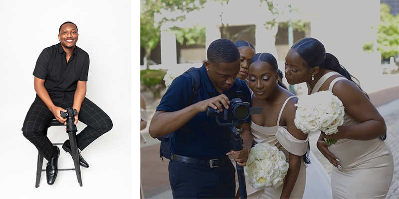 Left: Lee and his camera. (Submitted) Right: Lee shows off his work to bridesmaids for a wedding. (Submitted)