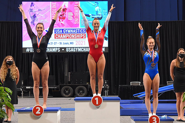 Ahsinger places first at the 2021 USA Gymnastics Championships in women's trampoline.