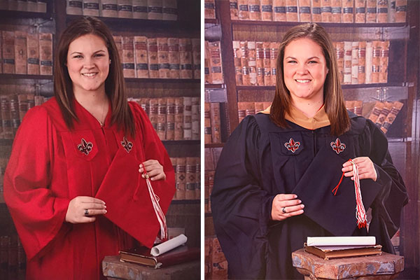 Side by side photo of master's and undergrad in graduation gown and holding a mortarboard cap